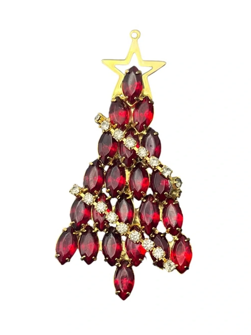 Christmas tree holiday red marquis shaped rhinestone gold tone brooch pin star